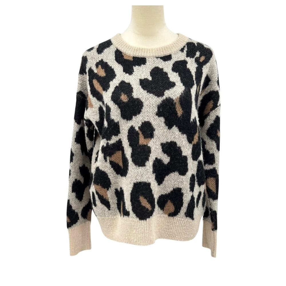 Gianni Bini Tan & Black Leopard Print Mohair Wool Blend Knit Pullover Sweater